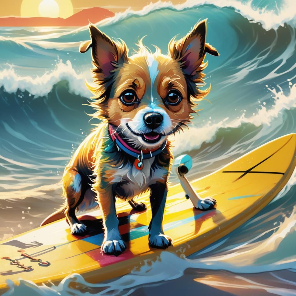 Scared Dog on Surfboard in Vibrant Digital Art