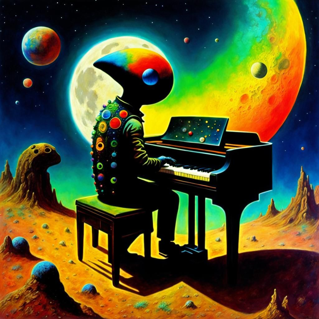 Cyborg Alien Plays Piano on the Moon