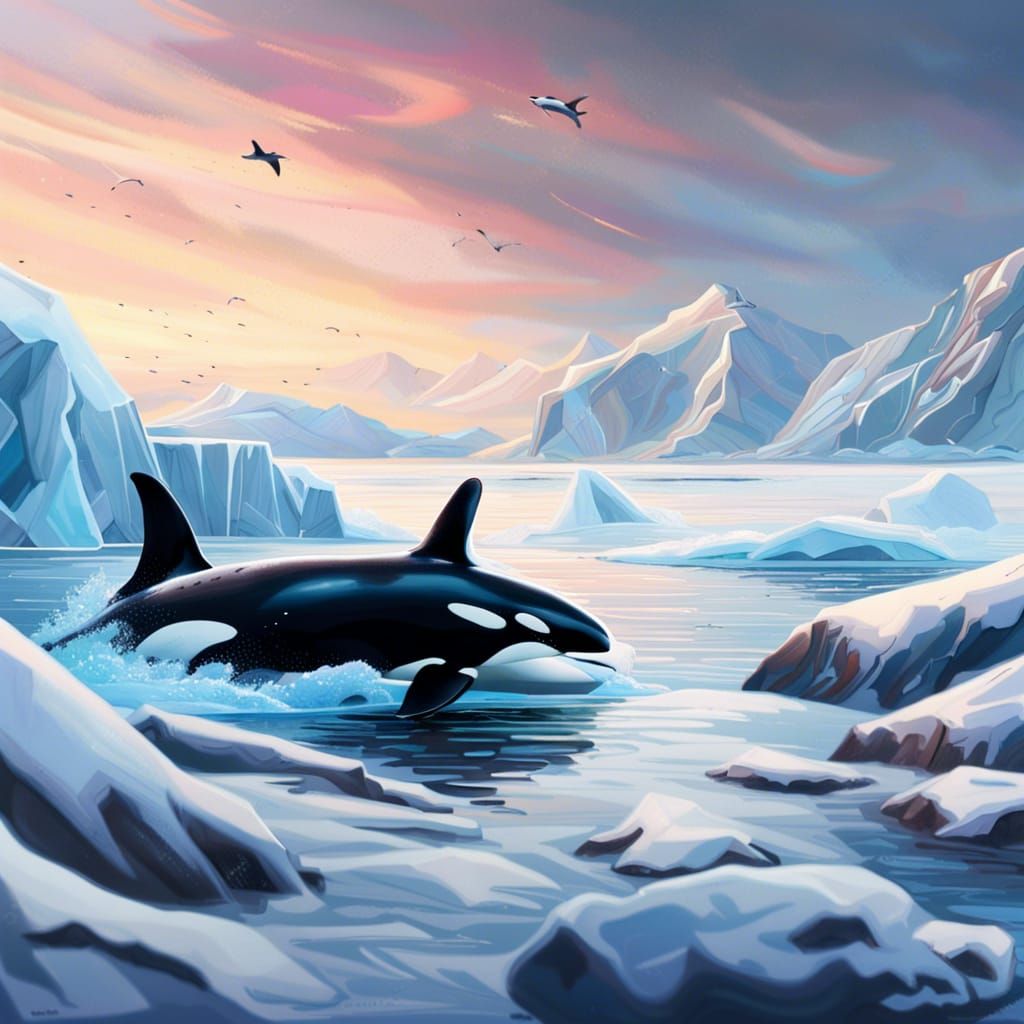 Orca Stalks Seals on Frozen Ocean: Hyperrealistic Splash Art