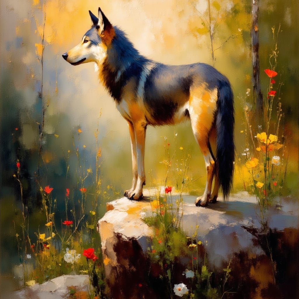 Wolf-dog Portrait on a Cliff in a Golden Forest