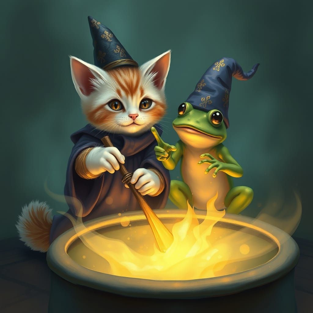 a kitten and a frog casting spells over a cauldron