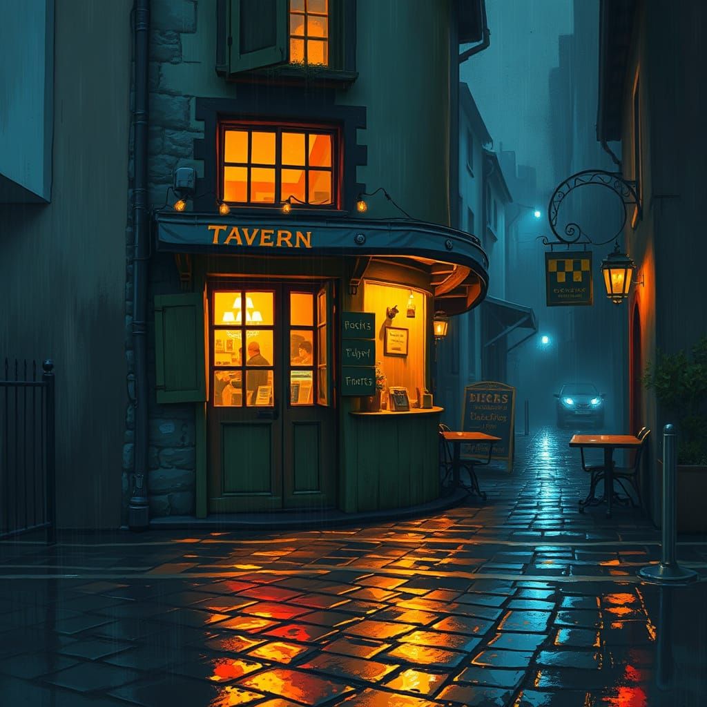 Cozy Tavern Window on Rainy Night in Golden Light