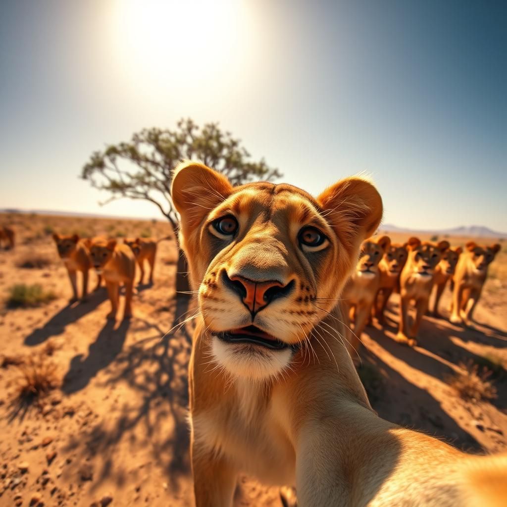 Playful Lions Posing for Selfie in Savannah