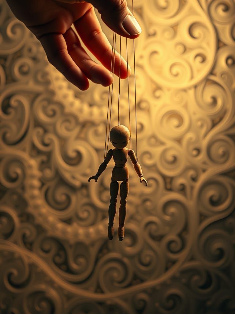 Ethereal Marionette Doll Suspended in Golden Light