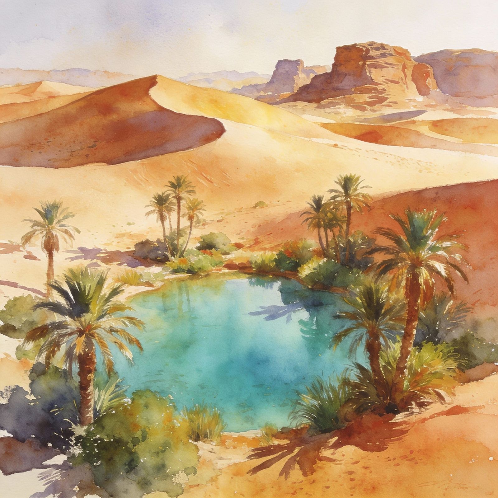 Serene Desert Oasis Watercolor Painting