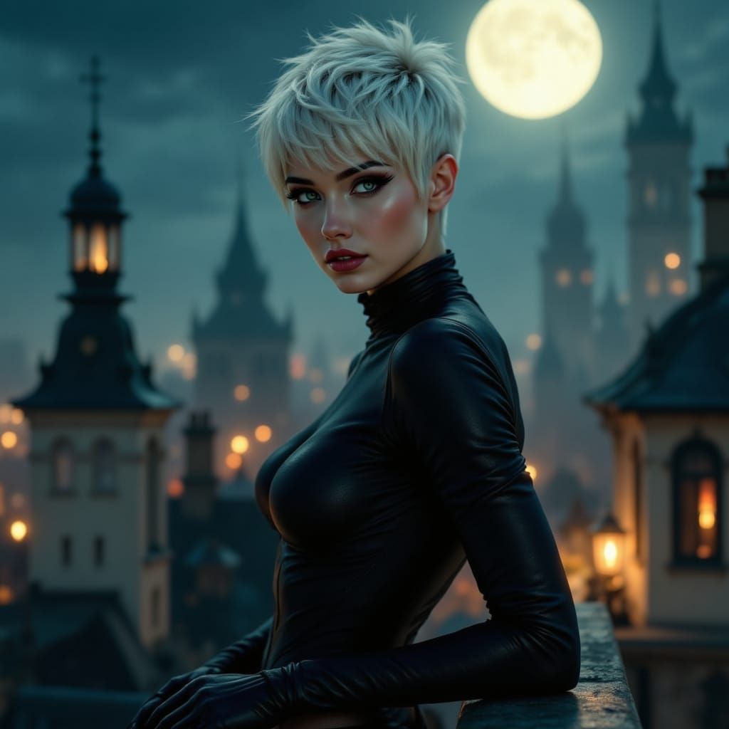 Superheroine on Mansion Rooftop at Night
