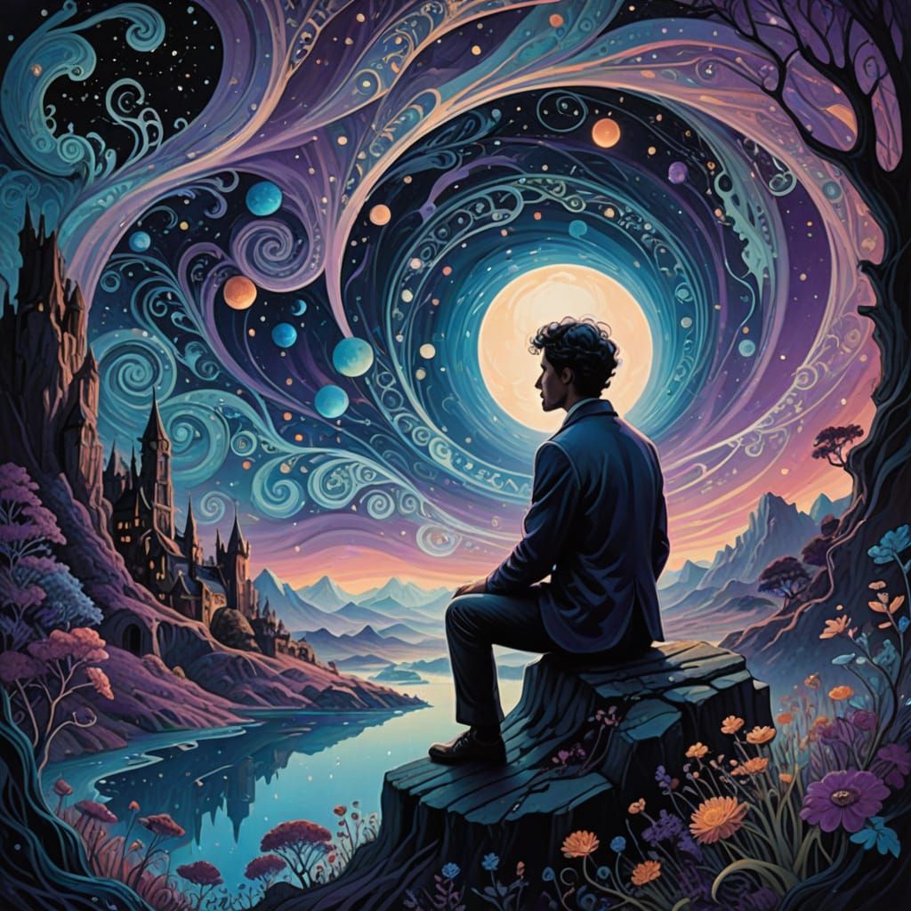 Dreamlike Inner World Illustration in Antique Etching Style