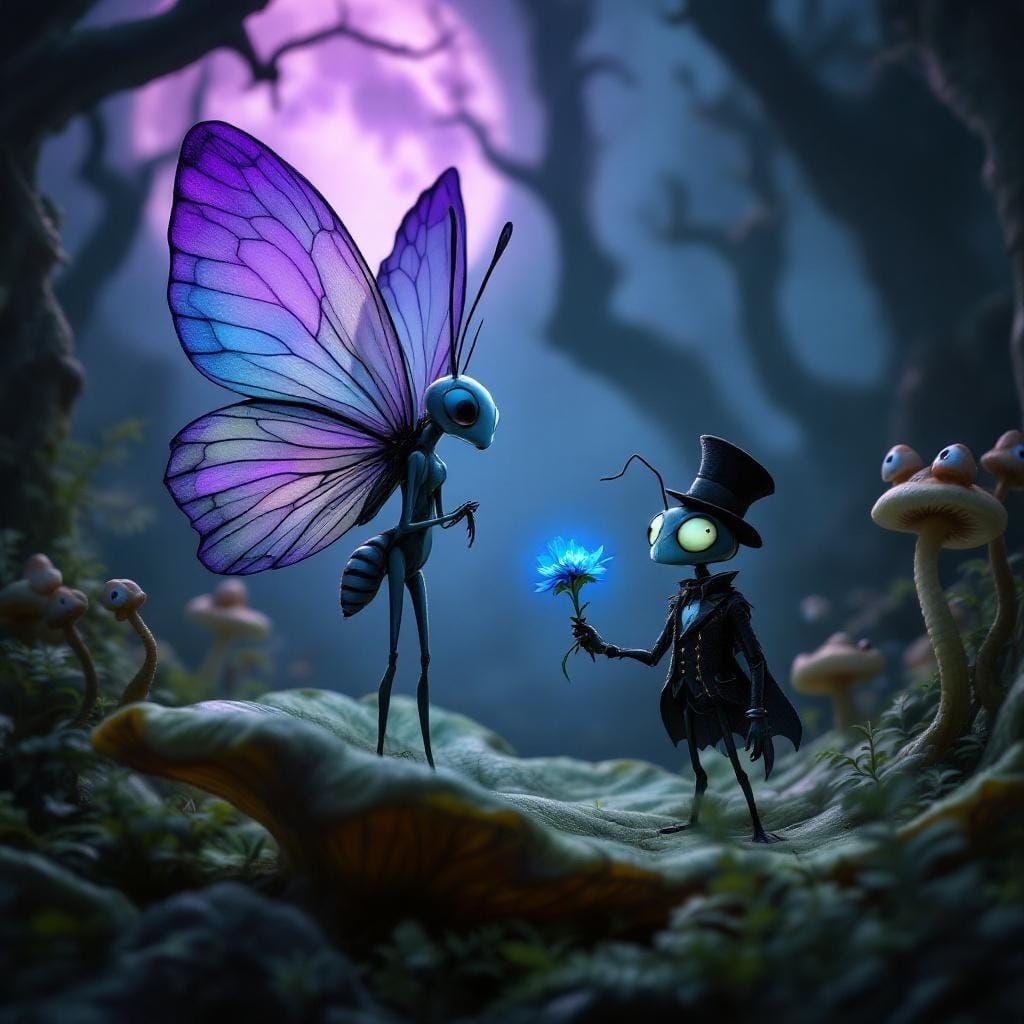 Butterfly and Gothic Ant in Moonlit Forest