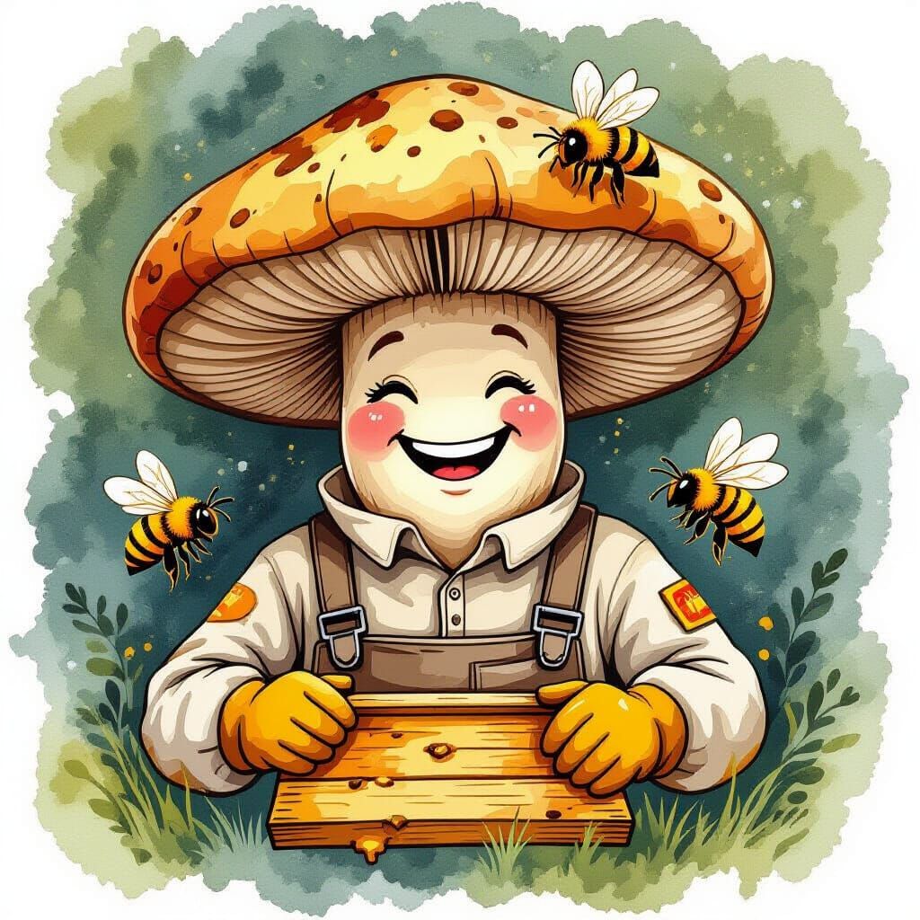 Smiling Beekeeper Mushroom with Bees, Alcohol Ink Style