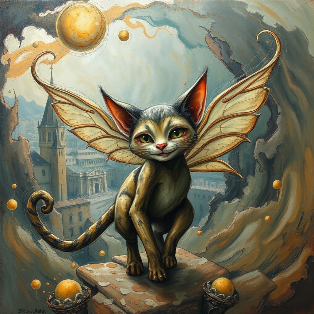 Whimsical Cat Fairy Elf in Impasto Style