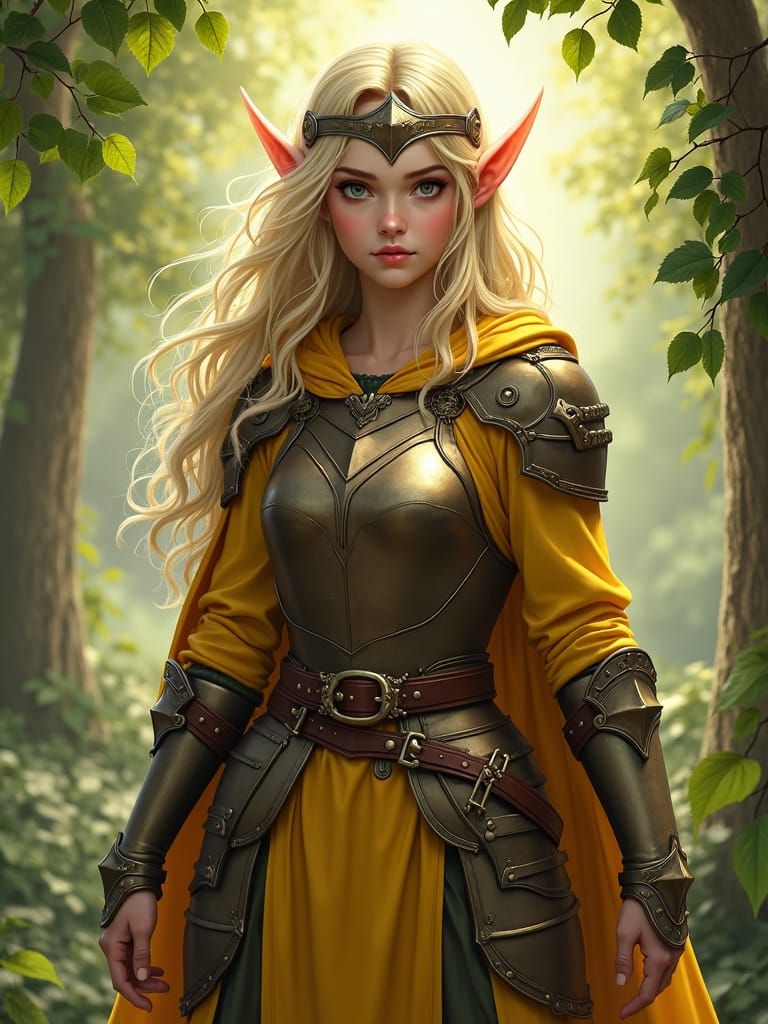 epic Fantasy girl elf knight with wooden armor, yellow cape,...