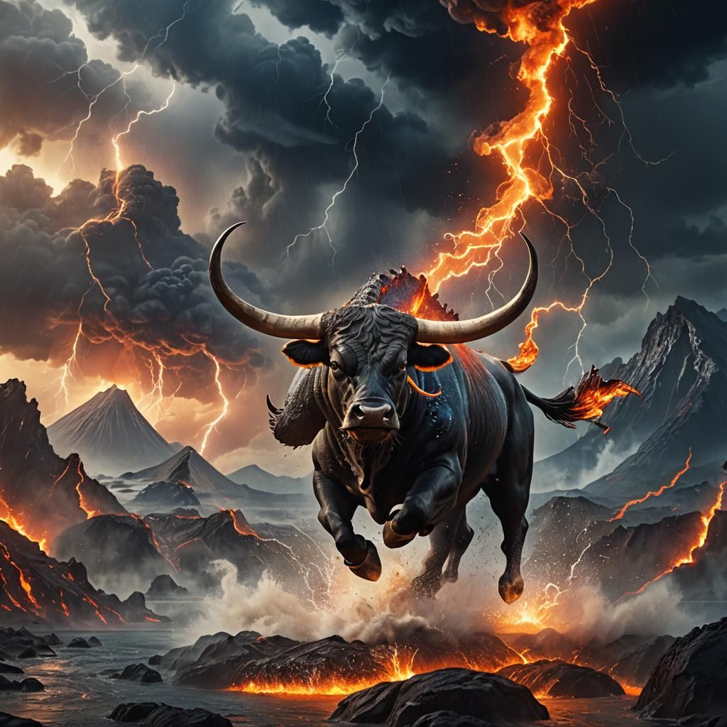 Majestic Bull Amidst Volcano and Lightning, Matte Painting