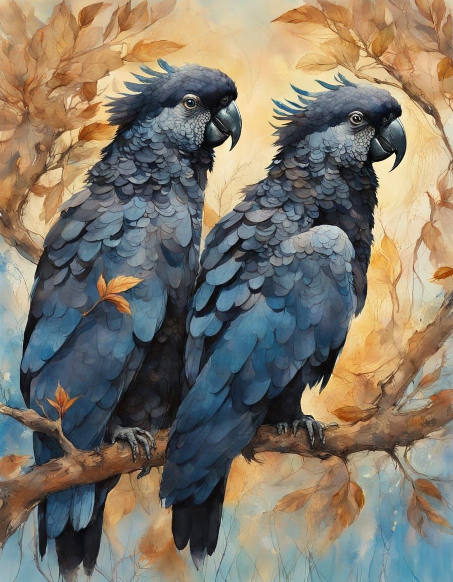 Two Black Cockatoos in a Sunlit Tree