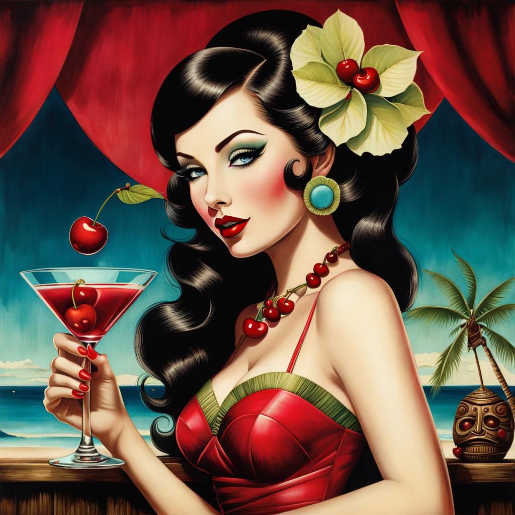 Stylized Cherry Woman in Tiki Bar with Martini