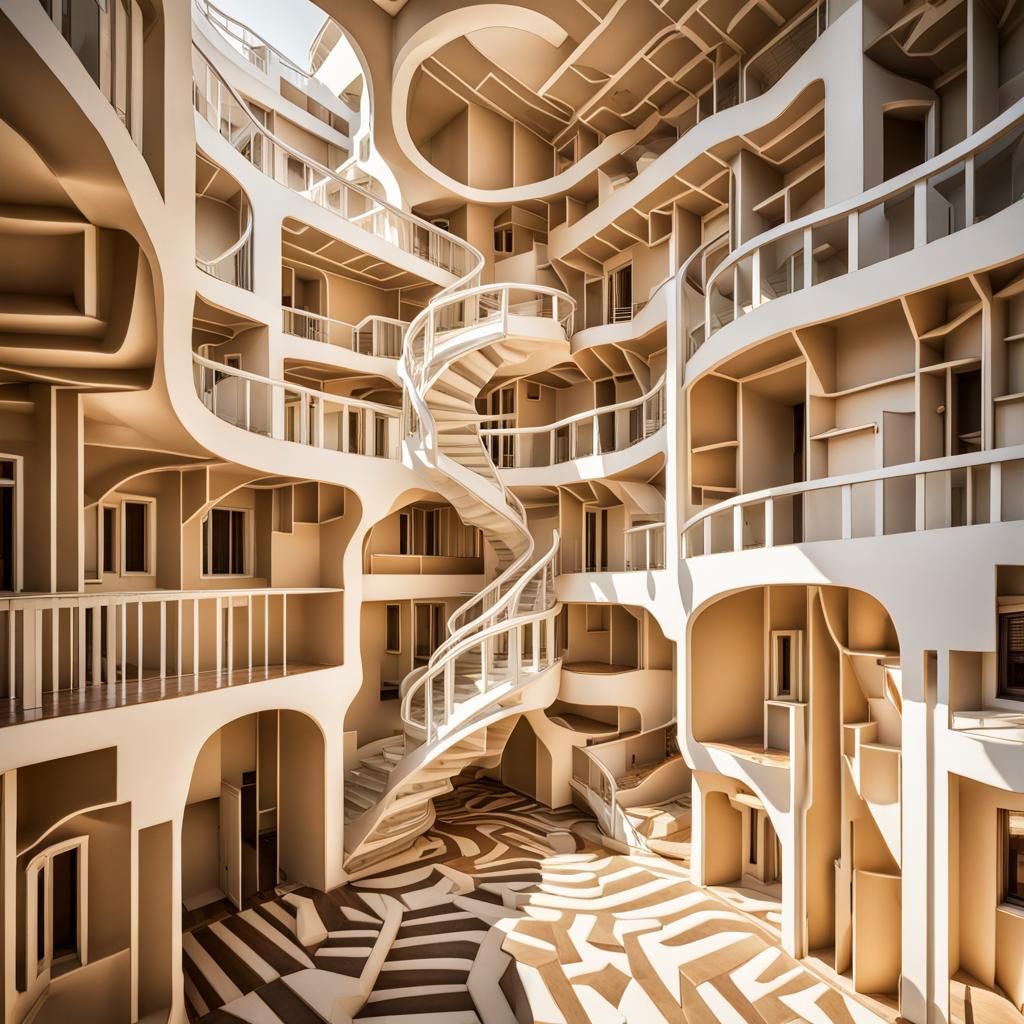 Escher-Inspired Abstract Architecture at Golden Hour