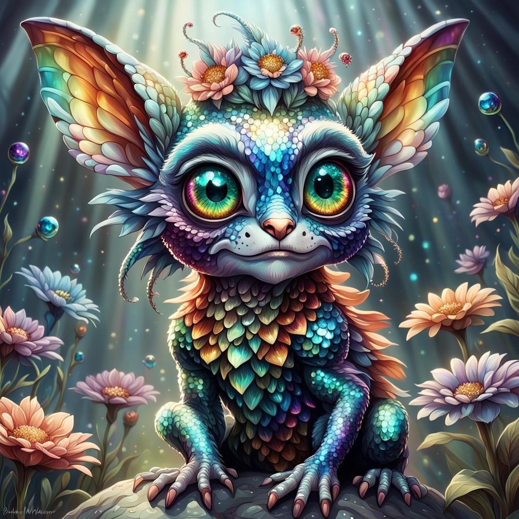 Rainbow Gremlin with Iridescent Scales, Digital Art