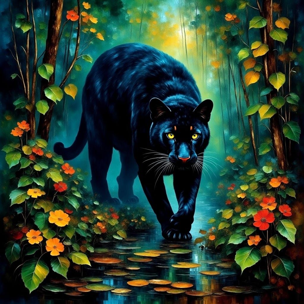 Black Panther Prowls Twilight Jungle River Trail