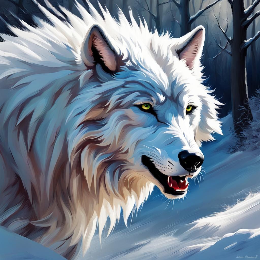 Monochromatic White Wolf in Winter Speed Painting