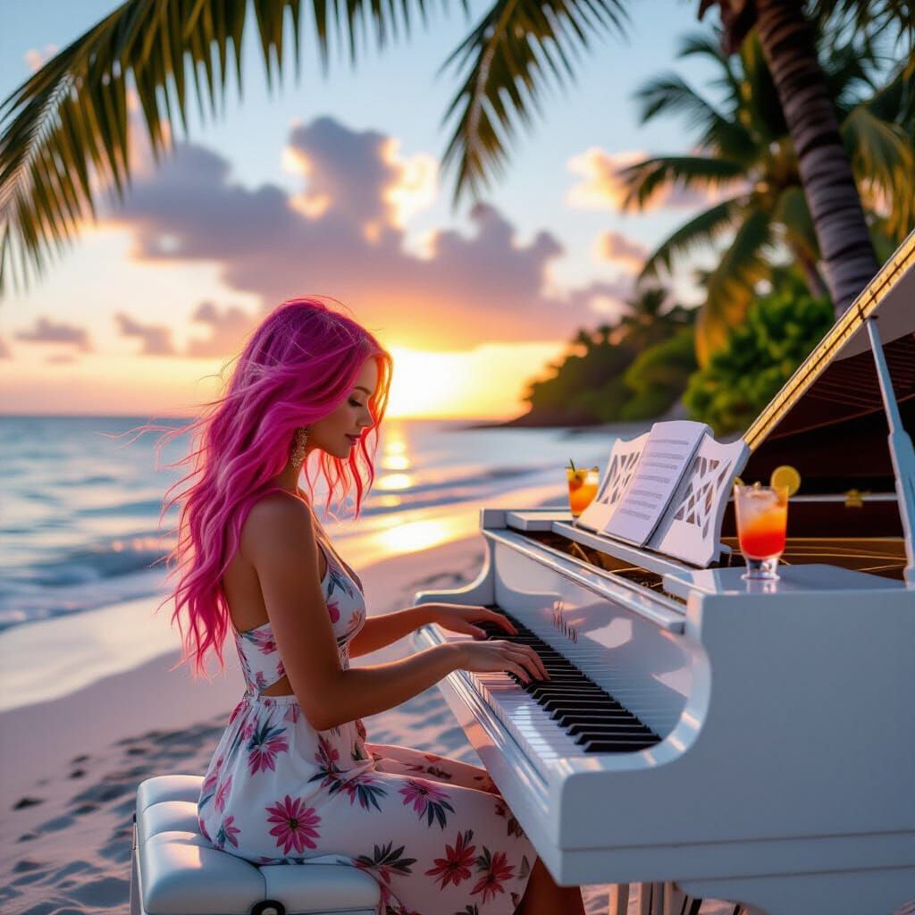Boho Girl Plays Piano on Beach at Sunset