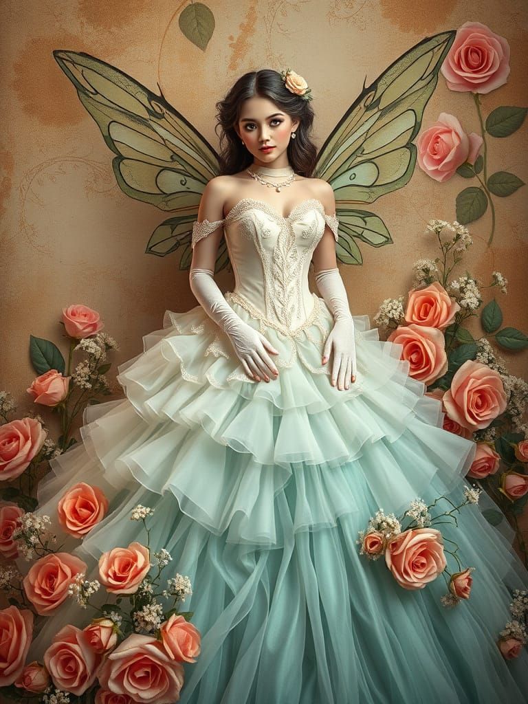 Ethereal Grunge Fairy in Tulle and Lace on Vintage Wallpaper