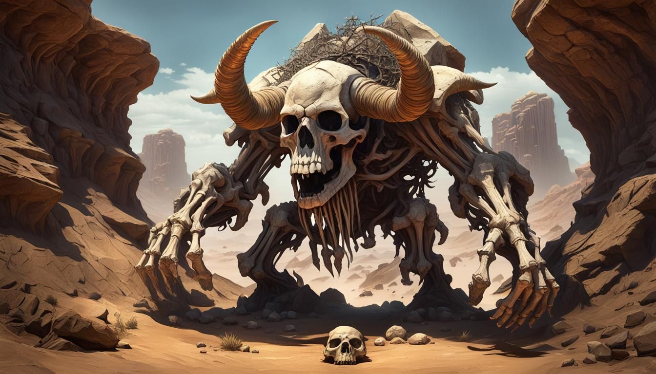 Dark Fantasy Bone Golem in Desert Landscape