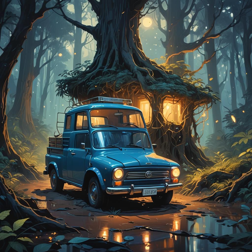 Blue Kei Truck in Mystical Forest, Syd Mead Style
