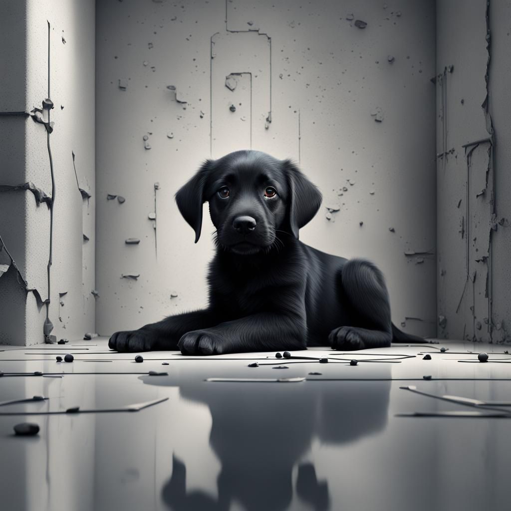 Lonely Black Puppy in Gray Room: Detailed Matte Painting