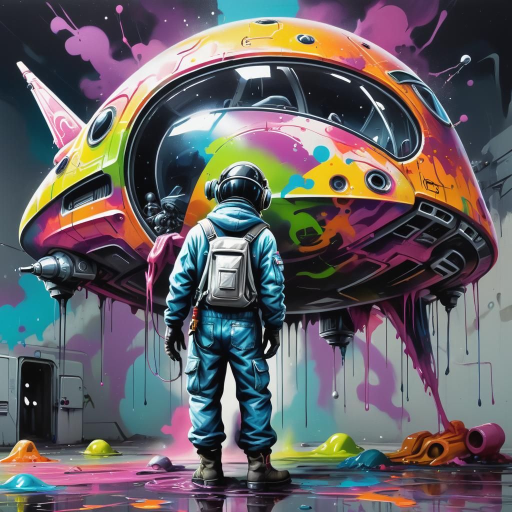 Alien Mechanic Under Spaceship in Graffiti Art Style