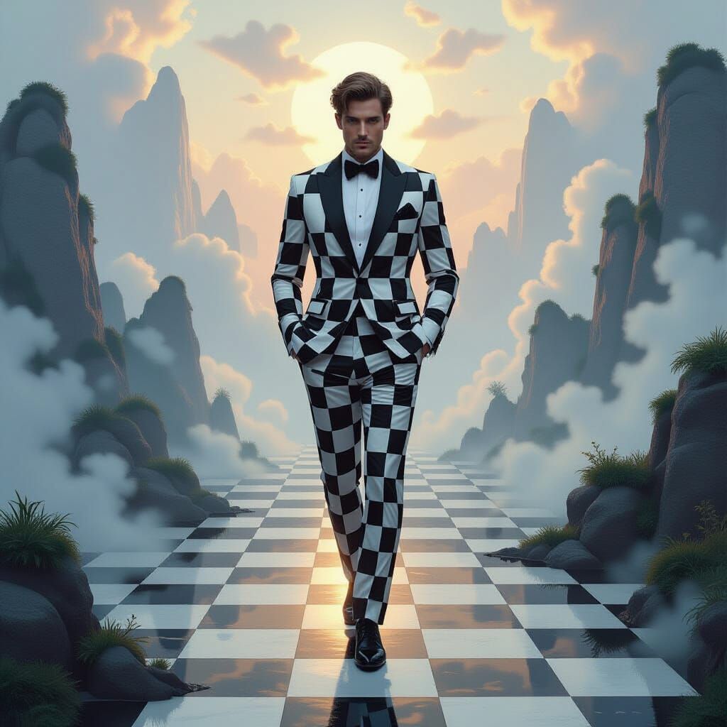 Man in Chessboard Suit in Ethereal Fantasy Landscape