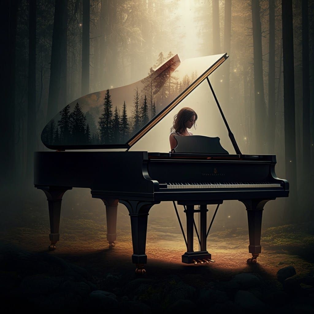 Double Exposure: Piano, Woman, Forest in Digital Art