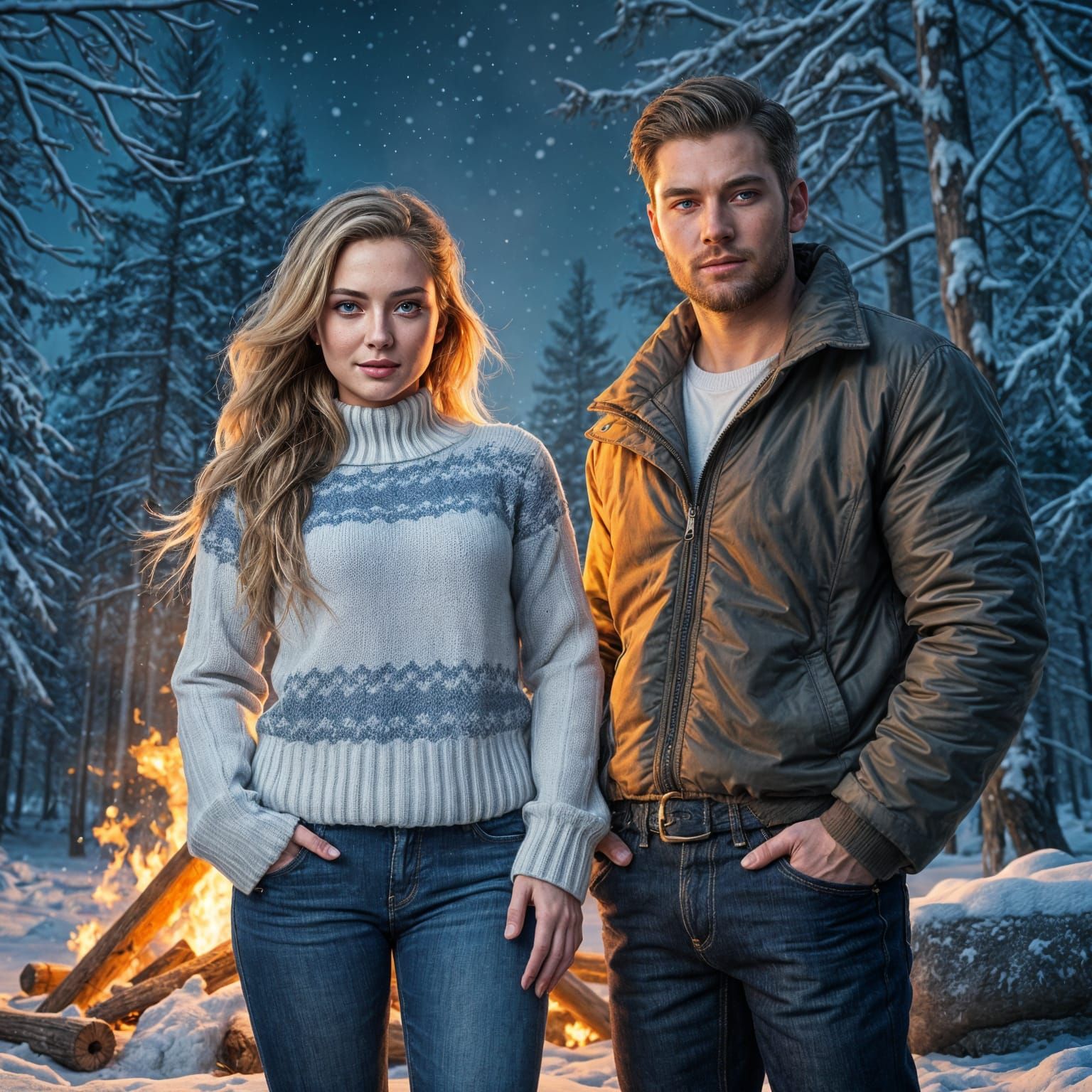 Couple by Bonfire in Snowy Forest: Fantasy Art
