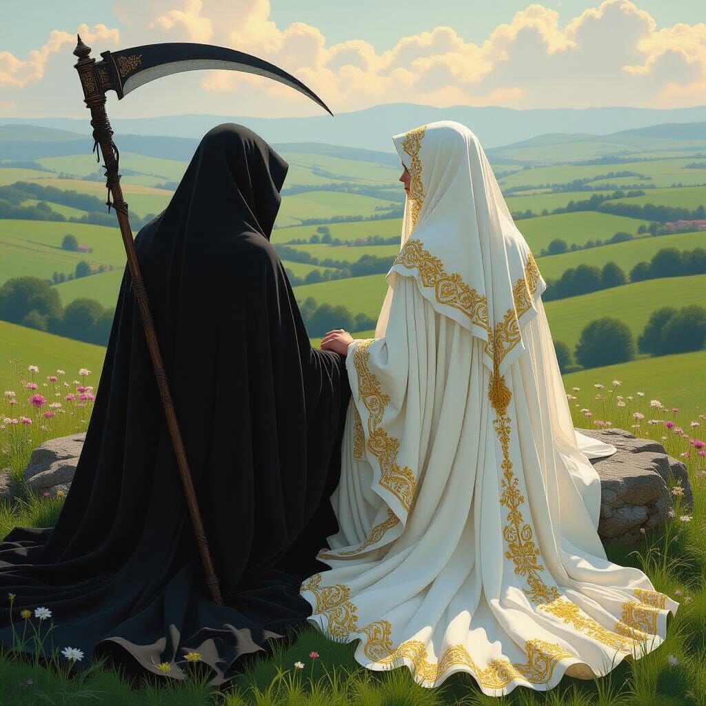 Woman and Grim Reaper in Lush Landscape