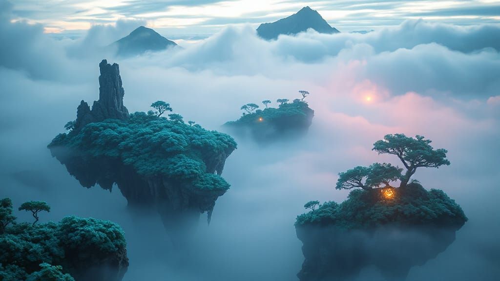 Ethereal Floating Islands in Iridescent Mist