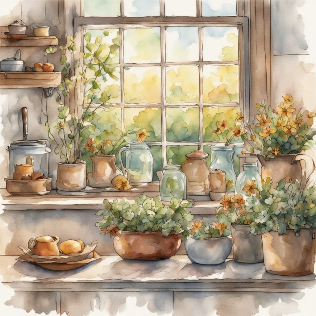 Whimsical Watercolor Farmhouse Kitchen Bathed in Sunlight