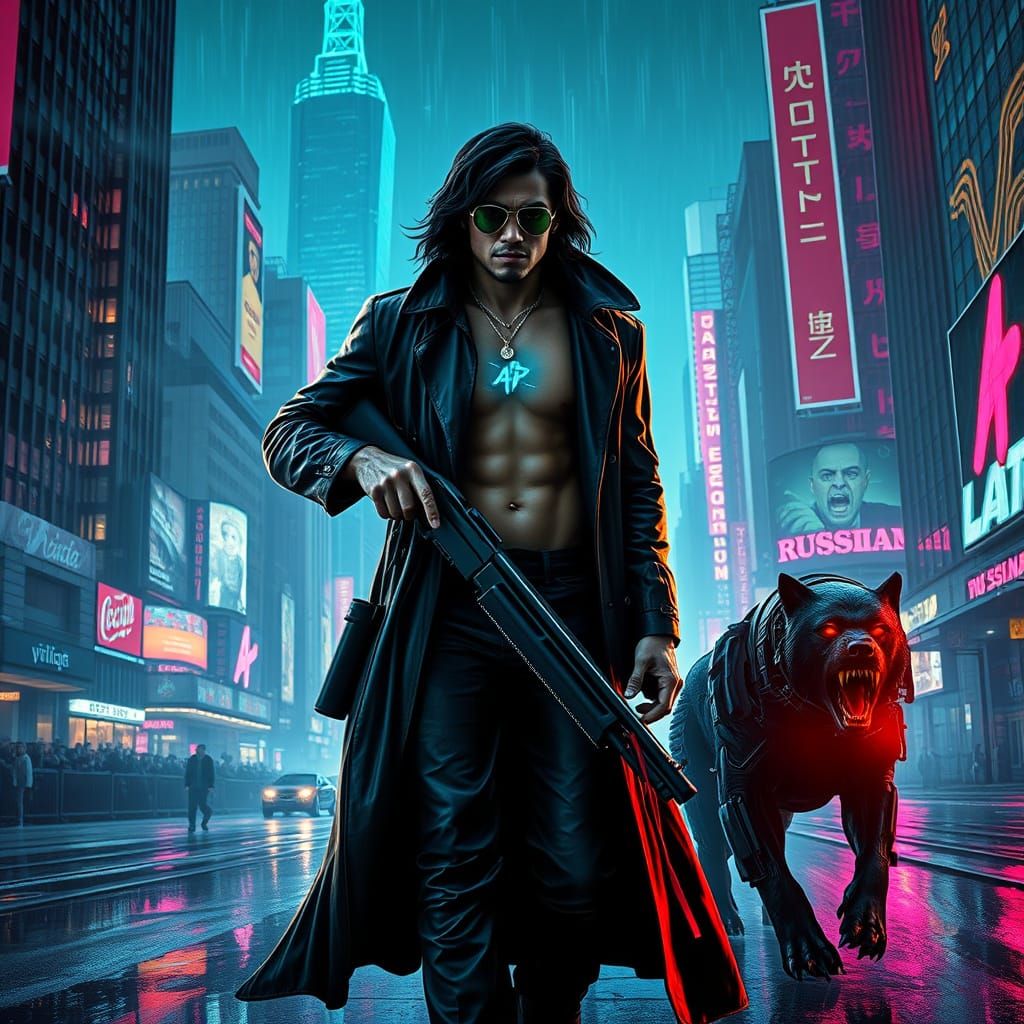 Cyberpunk Warrior and Dog in Neon Cityscape