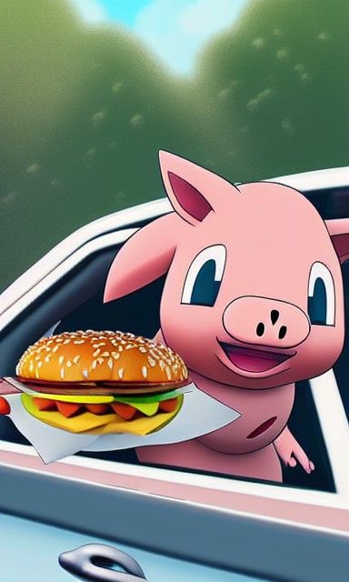 Pig Eats Fast Food in Car: Cartoon Style