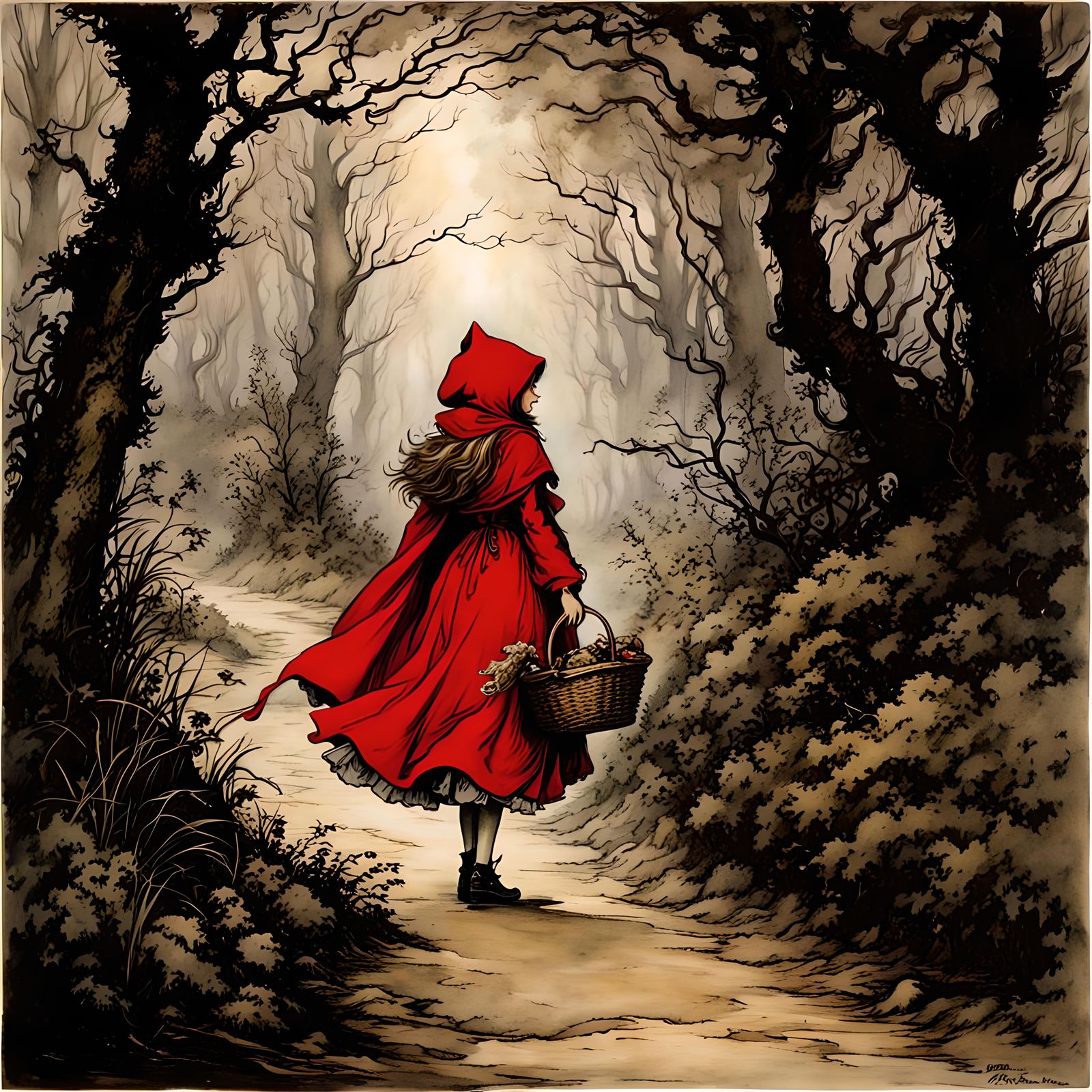 Little red riding hood, path, By arthur rackham, by tim burton