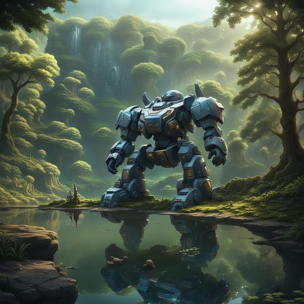 Mecha Robot Resting by Tranquil Lake