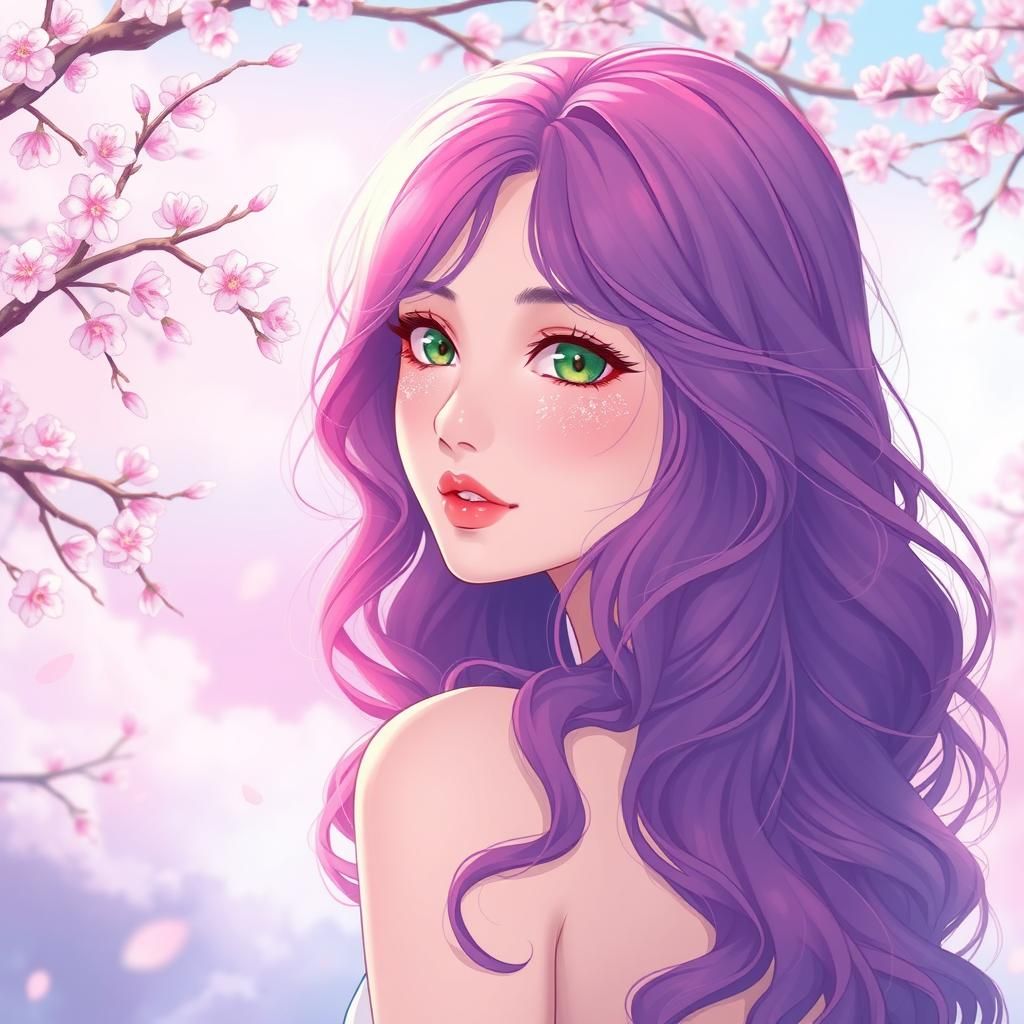 Anime-Inspired Woman with Purple Hair and Cherry Blossoms