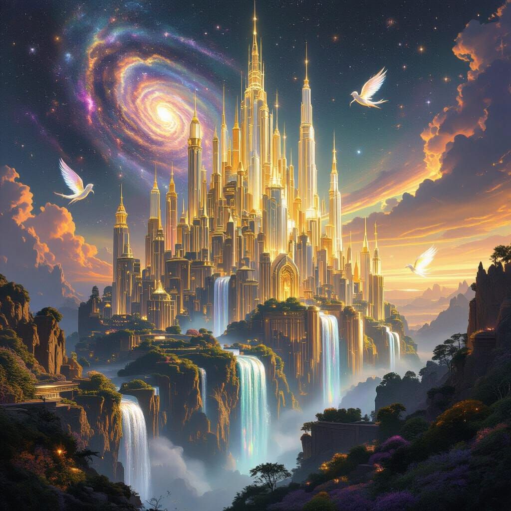 Cosmic Citadel with Waterfalls of Light