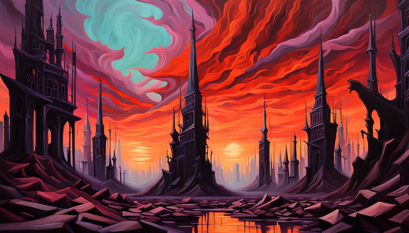 Dystopian Cityscape in a Macabre, Surreal Style