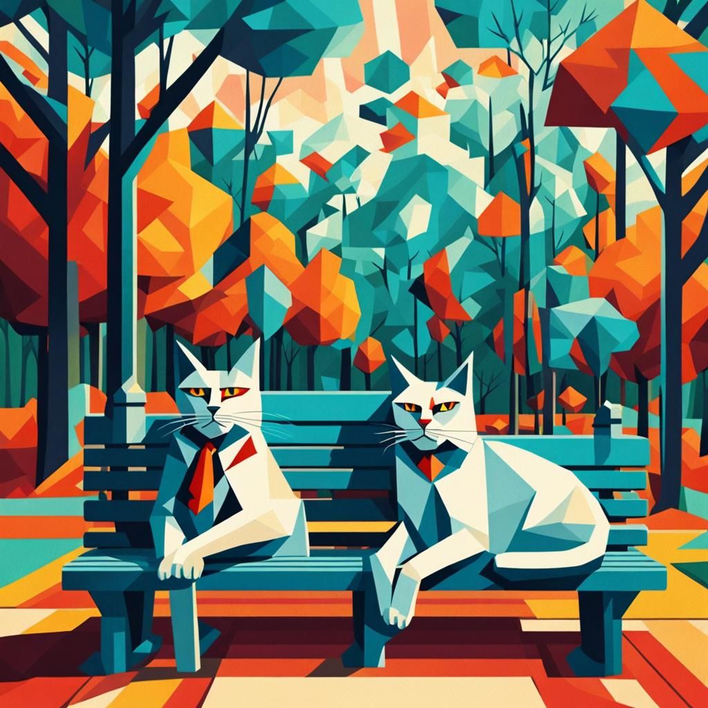 Cats Smoking in Park: Cubist Art Deco Painting