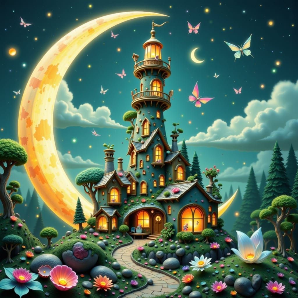 Miniature Village in Ornate Crescent Moon Lighthouse