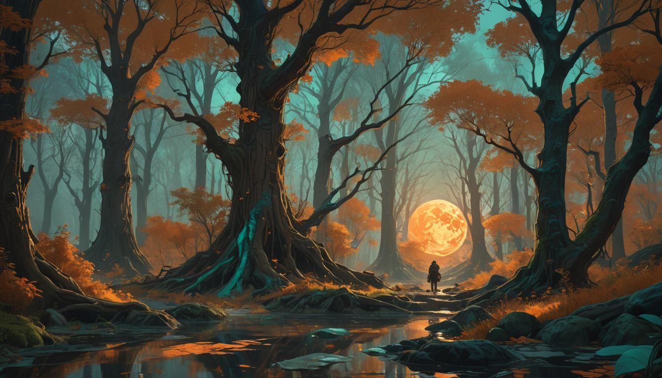 Ship on River, Moonlit Forest, 1850s Style