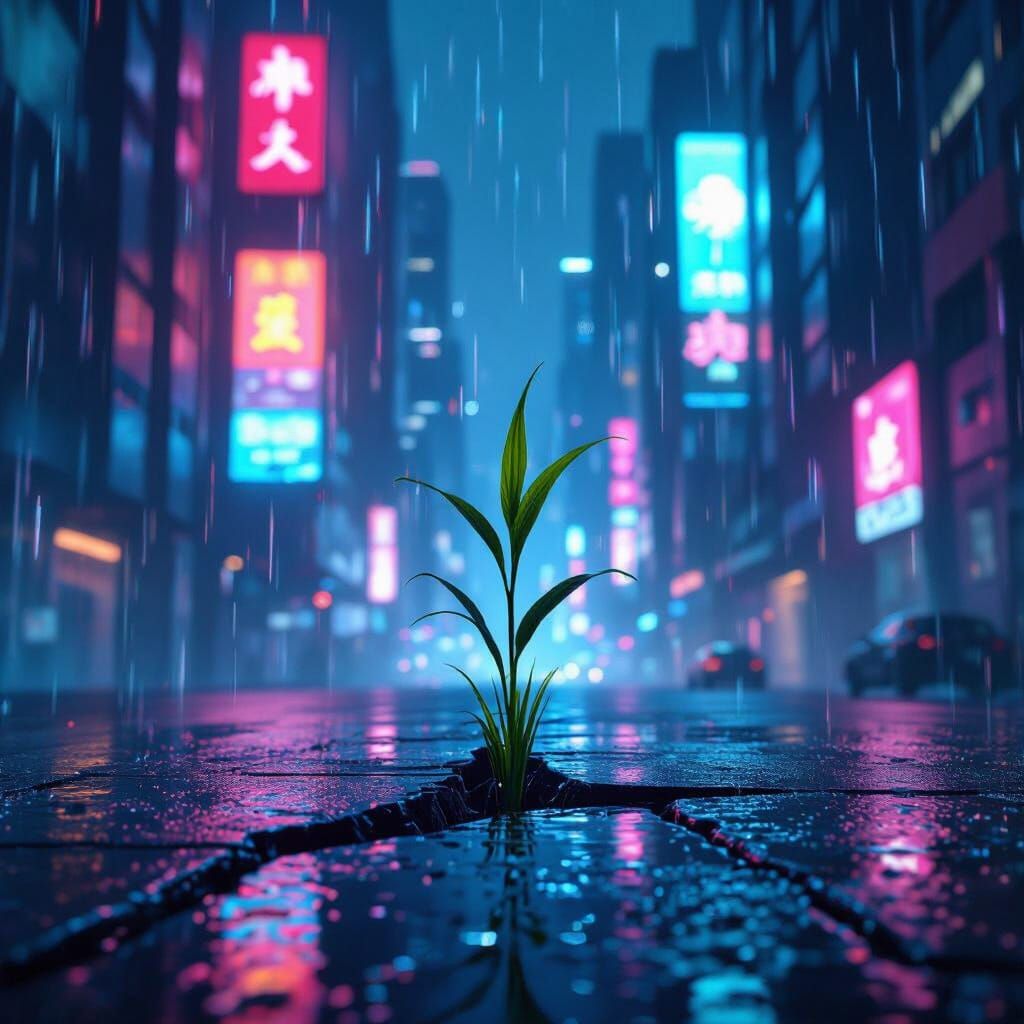 Blade of Grass in Cyberpunk Cityscape