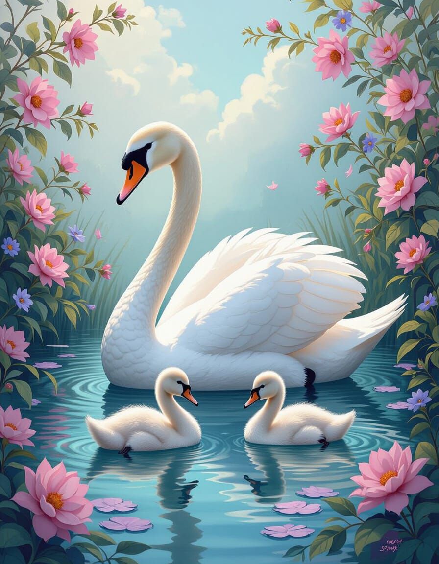 Elegant Swans in Floral Bower, Digital Matte Painting