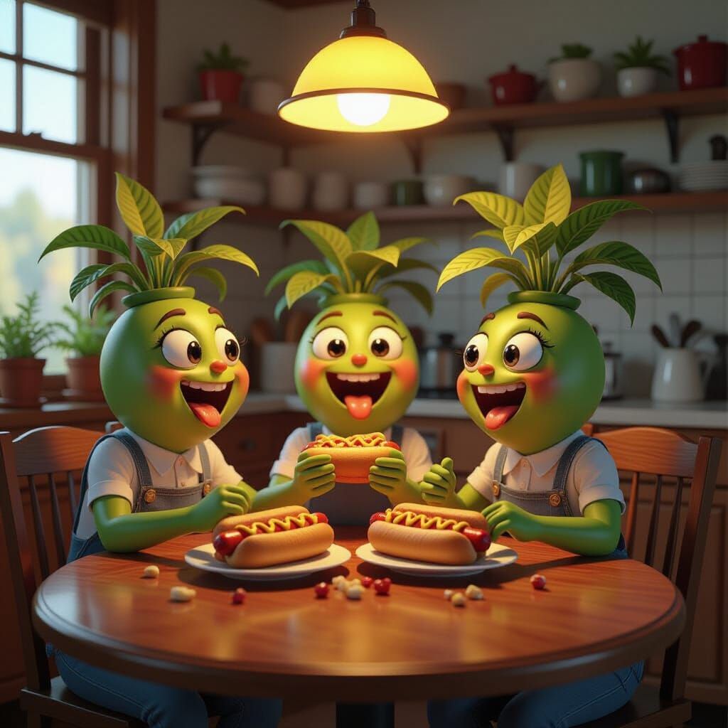 Anthropomorphic Potted Plants Enjoy Hot Dogs at Kitchen Tabl...