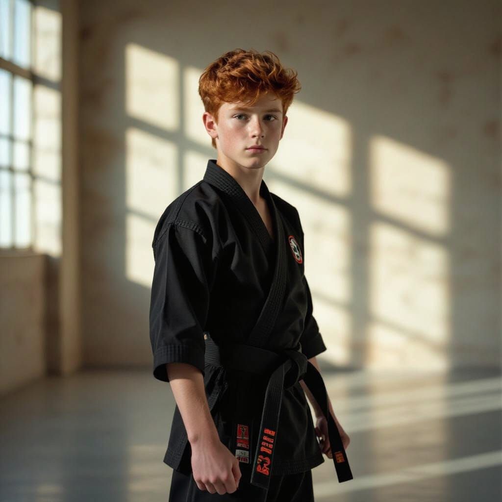 Teenage Karateka in Black Gi with Red Hair, Cinematic Style