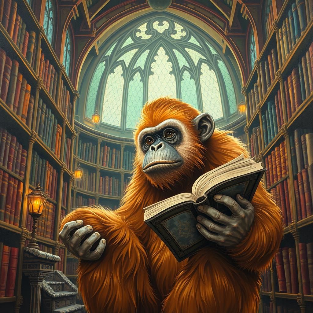 Orangutan Librarian in Magical Library, Comic Book Art