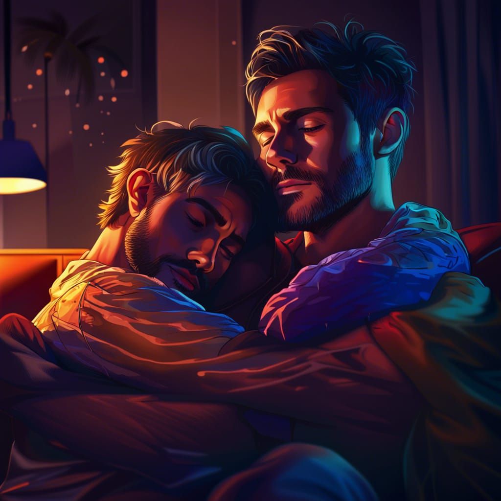 Handsome Male Couple Hugging at Night